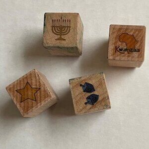 Jewish Hanukkah Wooden Rubber Stamp Lot of 4 Kwanzaa Star Menorah Dreidel 3/4 In